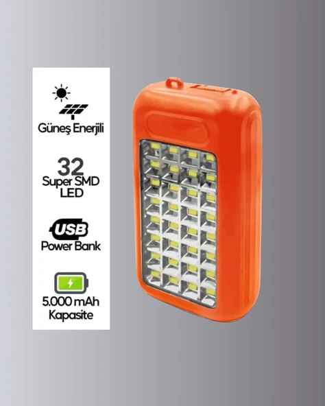 Güneş Paneli ile Şarj Olan 32 LED’li Powerbank Cihazı - Resim 2