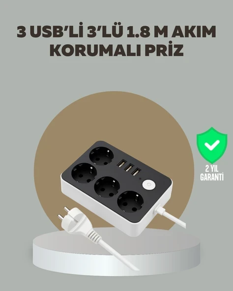 4 Prizli 3 USB Portlu Anahtarlı Akım Korumalı Priz ürün görseli 1