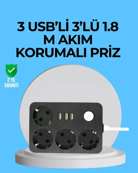 3 USB Çıkışlı 4’lü Akıllı Priz 2500W 2 Metre Kablo ürün görseli 1