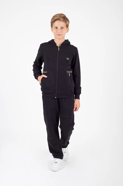 Erkek Çocuk Fermuar Kapamalı Kapüşonlu Arma Detaylı Eşofman Takımı M00757 - 2