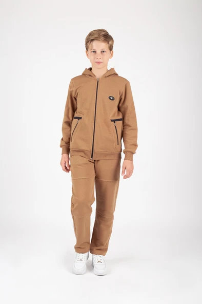 Erkek Çocuk Fermuar Kapamalı Kapüşonlu Arma Detaylı Eşofman Takımı M00757 - 4