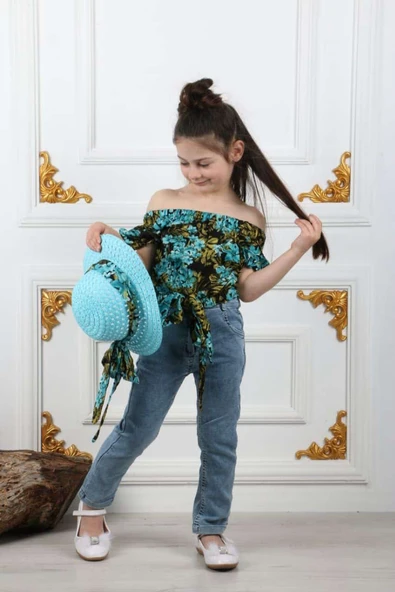 Kız Çocuk Şapkalı , Jeans Pantolon , Bluz Yazlık İkili Takım M00731 ürün görseli 1
