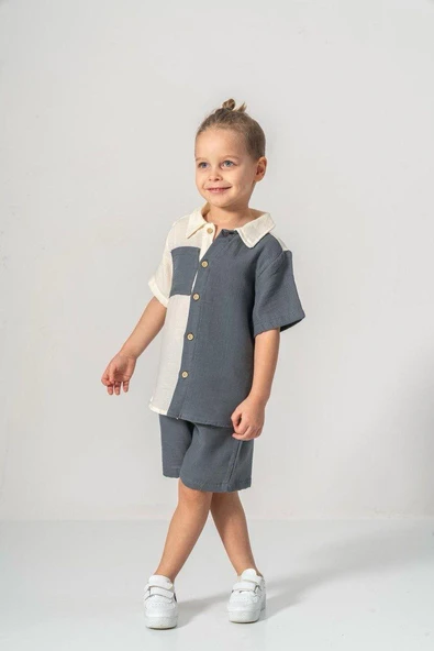 Müslin Kumaş Pamuklu Yazlık Şortlu Erkek Çocuk Takım M00733 ürün görseli 1