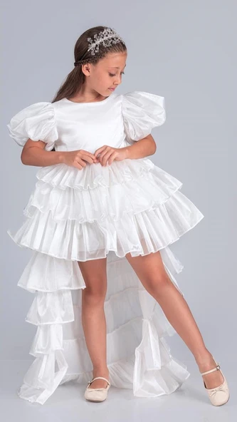 Kız Çocuk Eklenebilir Kuyruk Detaylı, Taçlı Aspendos Abiye Elbise M00758 - Resim 7