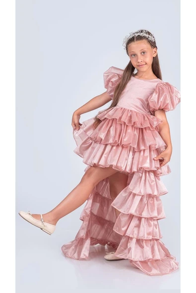 Kız Çocuk Eklenebilir Kuyruk Detaylı, Taçlı Aspendos Abiye Elbise M00758 - Resim 3