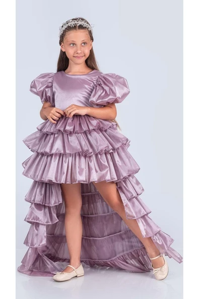 Kız Çocuk Eklenebilir Kuyruk Detaylı, Taçlı Aspendos Abiye Elbise M00758 - Resim 2