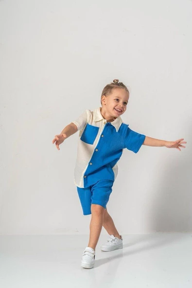 Müslin Kumaş Pamuklu Yazlık Şortlu Erkek Çocuk Takım M00733 - Resim 4