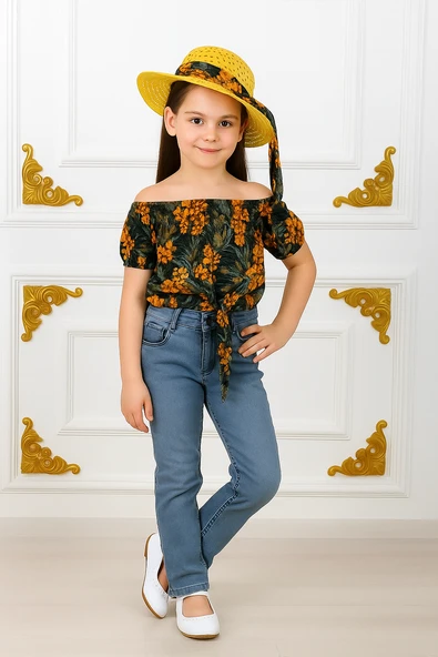 Kız Çocuk Şapkalı , Jeans Pantolon , Bluz Yazlık İkili Takım M00731 - Resim 2