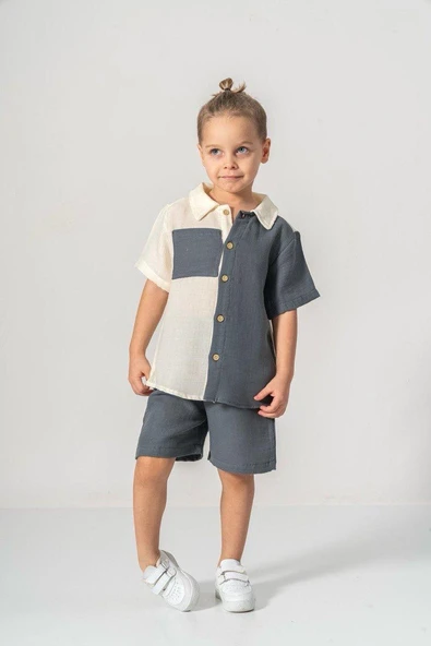 Müslin Kumaş Pamuklu Yazlık Şortlu Erkek Çocuk Takım M00733 - Resim 8