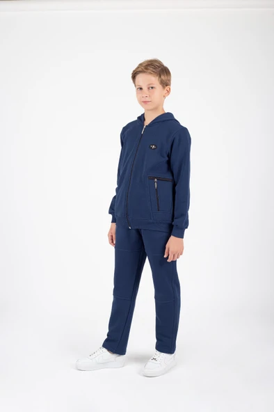 Erkek Çocuk Fermuar Kapamalı Kapüşonlu Arma Detaylı Eşofman Takımı M00757 - 3