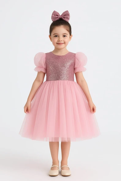 Balon Kol Pul Payet Kız Çocuk Tütü Elbise M00751 - Resim 6