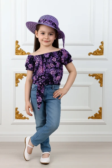 Kız Çocuk Şapkalı , Jeans Pantolon , Bluz Yazlık İkili Takım M00731 - Resim 3