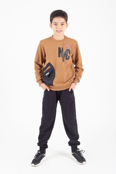 Erkek Çocuk Cep Detaylı Baskılı Eşofman Takımı M00756 - 3