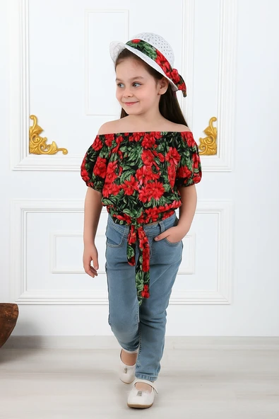 Kız Çocuk Şapkalı , Jeans Pantolon , Bluz Yazlık İkili Takım M00731 - Resim 5