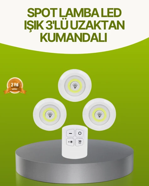 Uzaktan Kumandalı 3 Lü Kablosuz Led Spot Lamba Seti Yapışkanlı Pratik Kullanım ürün görseli