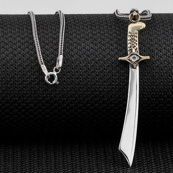 Moğol Kılıcı Beyaz Zirkon Taşlı Parlak Gümüş Kolye - Resim 2