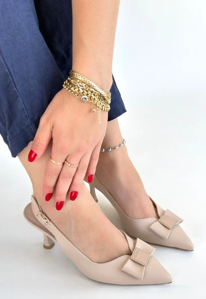 Leyya Bej Cilt Topuklu Ayakkabı - Resim 3