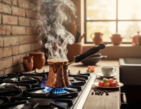 LUDIA Otantik İşlemeli Ahşap Saplı El Yapımı Eskitme Bakır Cezve m2 Kahve Cezvesi - 7