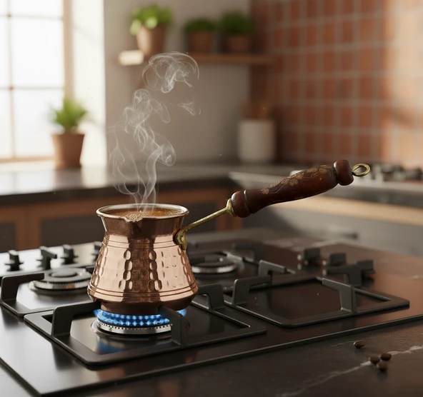 LUDIA Otantik İşlemeli Ahşap Saplı El Yapımı Eskitme Bakır Cezve m1 Kahve Cezvesi - 5