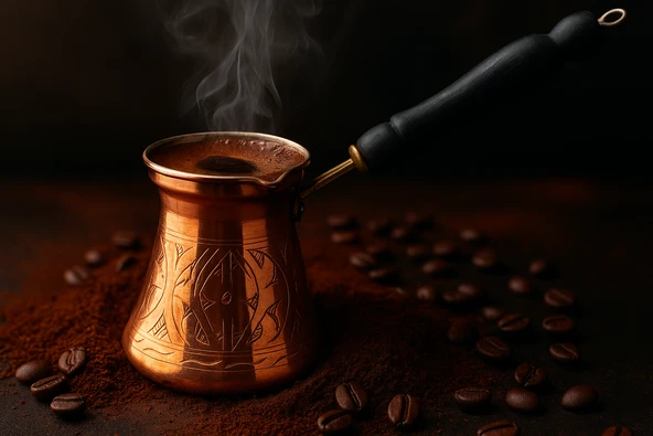 LUDIA Otantik İşlemeli Ahşap Saplı El Yapımı Eskitme Bakır Cezve m2 Kahve Cezvesi - 5