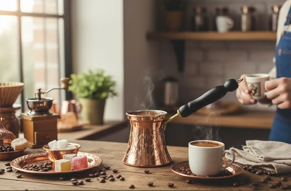LUDIA Otantik İşlemeli Ahşap Saplı El Yapımı Eskitme Bakır Cezve m2 Kahve Cezvesi - 6