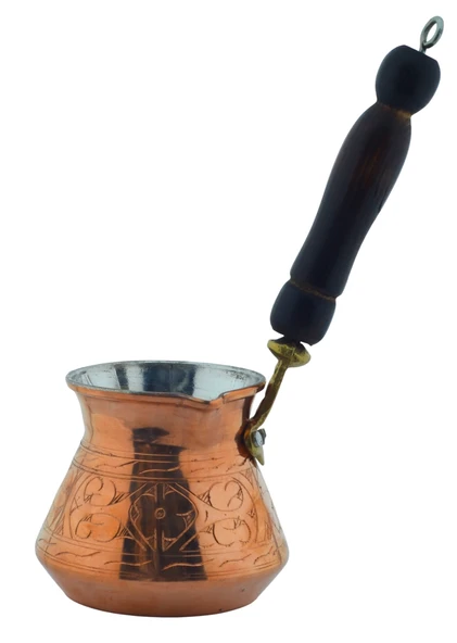 Otantik İşlemeli Ahşap Saplı El Yapımı Eskitme Bakır Cezve m3 Kahve Cezvesi
