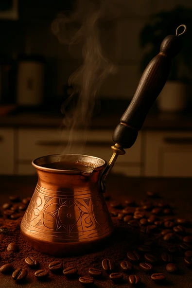 Otantik İşlemeli Ahşap Saplı El Yapımı Eskitme Bakır Cezve m3 Kahve Cezvesi - 7