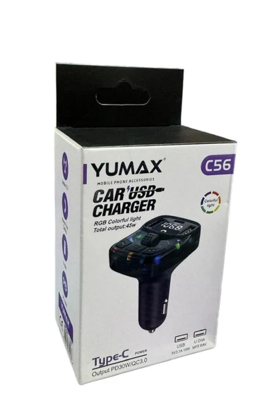 Yumax - Bluetooth Fm Transmitter Araç Kiti C-56 - 30w Hızlı Şarj, Oto Çakmaklık, Usb Type-c, Mp3 Çalar, Radyo - 8