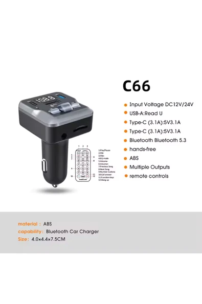 Yumax - Bluetooth FM Transmitter Araç Kiti C66 - 30W Hızlı Şarj, USB/SD/MP3, Tüm Araçlara Uyumlu - 3