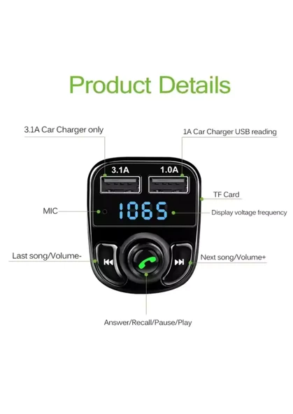 Yumax - Bluetooth Fm Transmitter Araç Kiti X8 - 15w Hızlı Şarj, Oto Çakmaklık, Usb Mp3 Çalar, Müzik Ve Radyo - 3