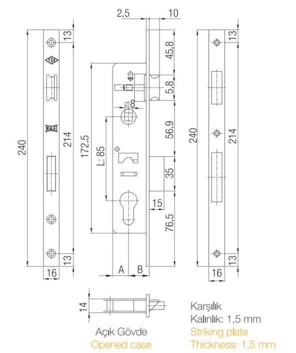 Kale 153P PVC Kapı Kilidi 35mm Gövde - 2