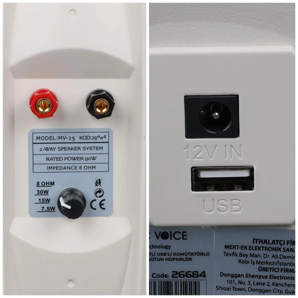 Magicvoice MV-25 16 CM 80 Watt Komütatörlü Hat Trafolu Beyaz Sütun Hoparlör 2'Li Okul Cami Konferans Salonu Hoparlörü - 4