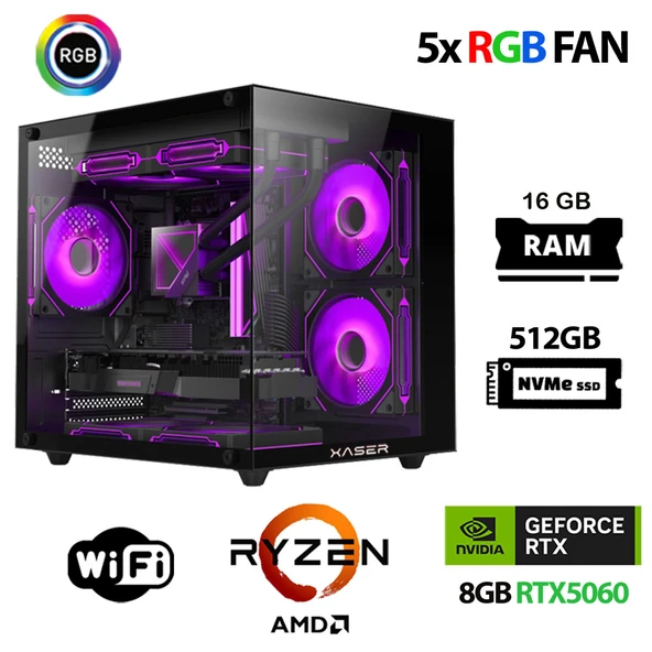 Xaser Eco X270 Ryzen 5 5600 16GB Ram 512GB M.2 NVMe SSD 8GB RTX5060 Oyuncu Masaüstü Bilgisayarı