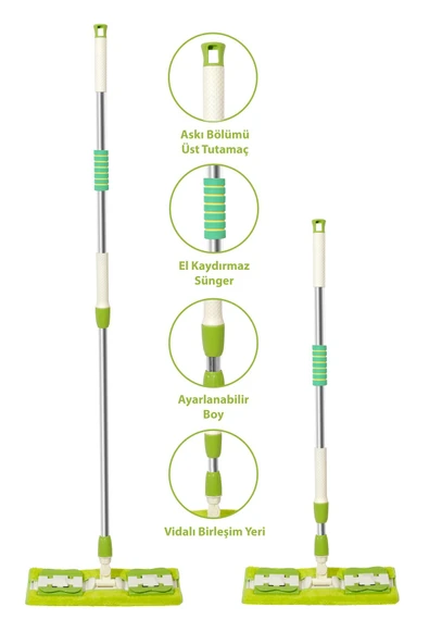 SENAX Ayarlanabilir Saplı Mop – Yeşil, El Kaydırmaz Süngerli, Mandallı Bez Tutucu, Yedek Bezli, 40x15 Cm - Resim 2