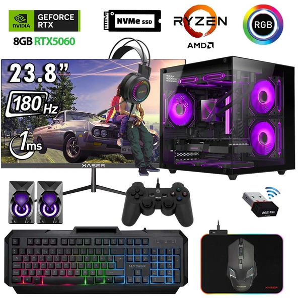 Xaser Eco X310 Ryzen 5 5600 16GB Ram 512GB M.2 NVMe SSD 8GB RTX5060 23.8" 180Hz Curved Oyuncu Bilgisayarı
