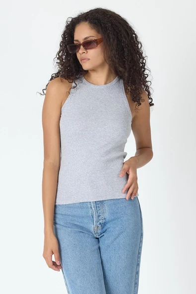 Fitilli Regular Fit Normal Kalıp Gri Bisiklet Yaka Sıfır Kol Pamuklu Kadın Atlet MTLCB112 - 4