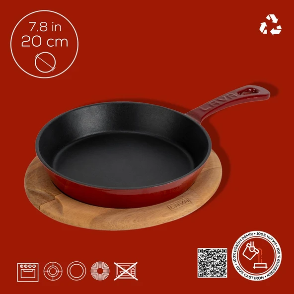 Lava Döküm Yuvarlak Kızartma Tavası Yekpare Saplı Kayın Servis Ahşabı. Çap(Ø)20cm - Resim 4