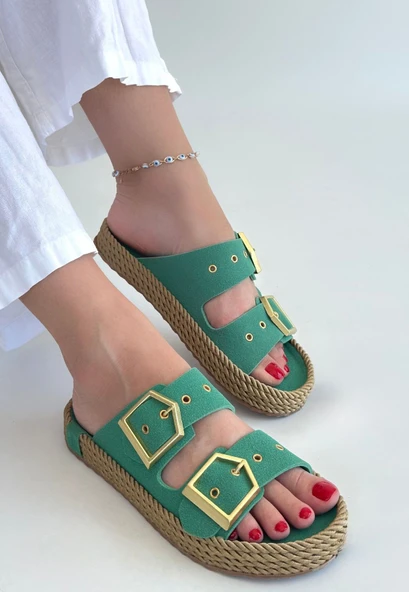 Pabucmarketi Yeşil Nubuk Çift Tokalı Kadın Düz Terlik