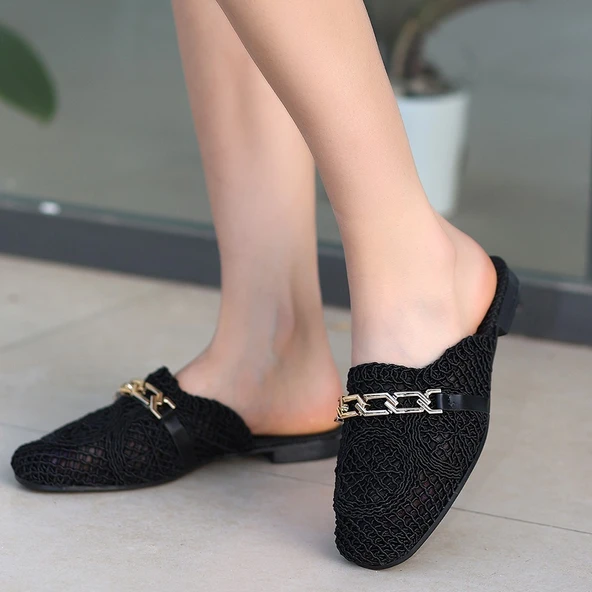 Pabucmarketi Siyah Örgülü Kadın Alçak Topuk Terlik - 4