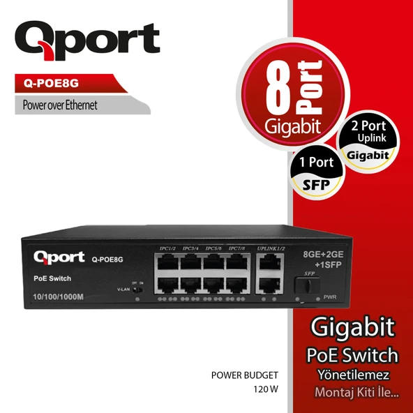 QPORT Q-POE8G 8PORT 10/100/1000 + 2 PORT 10/100/1000 UPLINK POE SWITCH