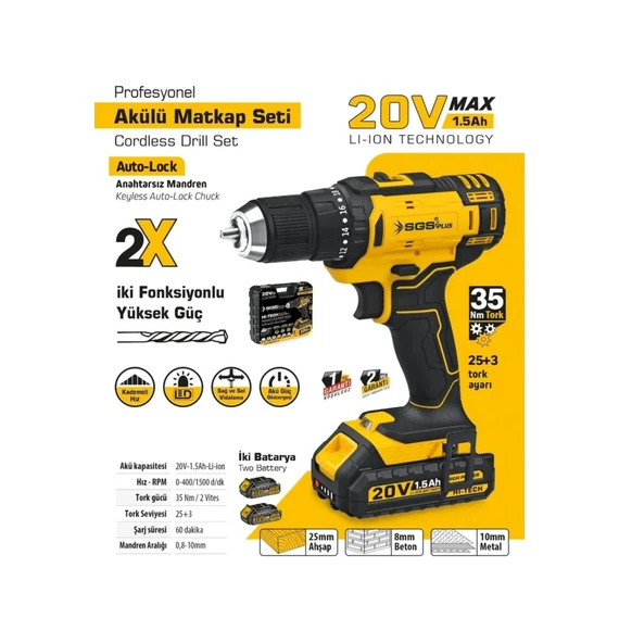 Sgs Plus SGS5249 Plastik Kutulu 20 Volt / 1.5 A Akülü Darbesiz Matkap ürün görseli