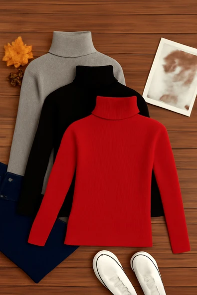 ribac 3'lü Paket Kadın Basic Tam Balıkçı Yaka Kazak ürün görseli