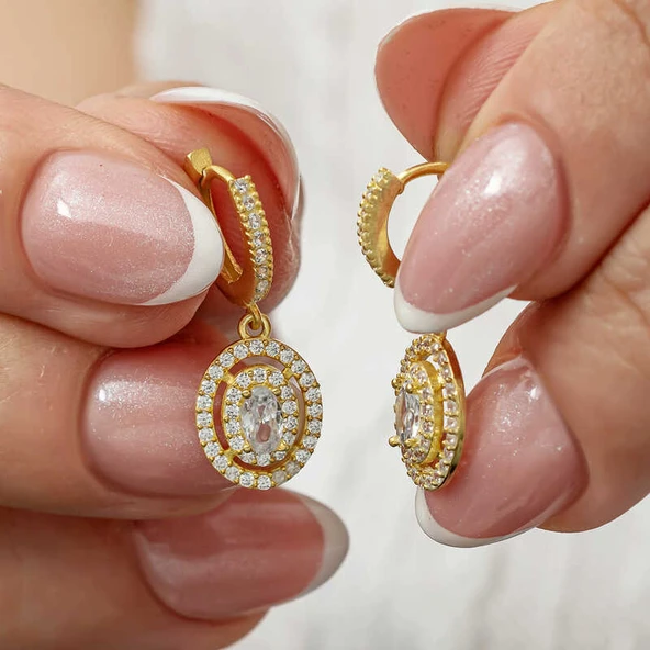 Gümüş Gold Oval Taşlı Sallantılı Küpe - 1