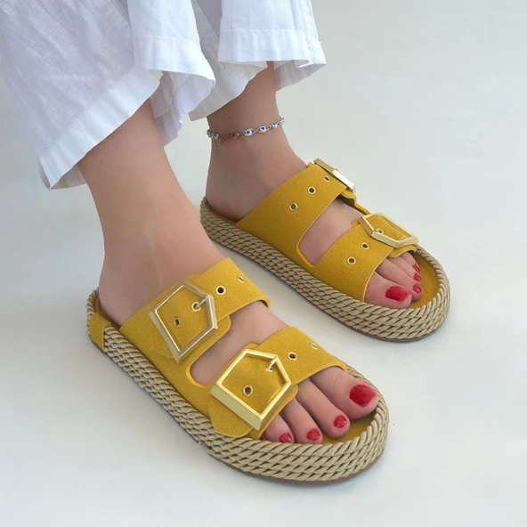 Pabucmarketi Sarı Nubuk Çift Tokalı Kadın Düz Terlik - Resim 4