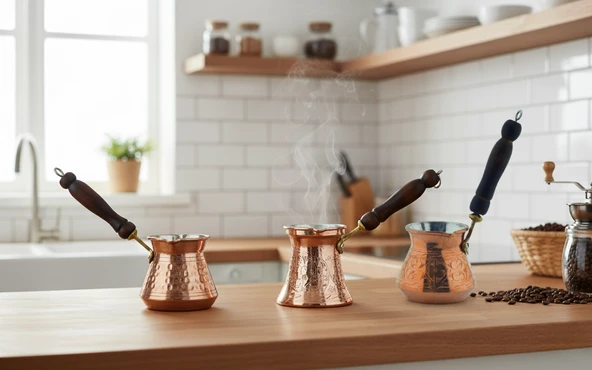LUDIA Otantik İşlemeli 3 Adet Ahşap Saplı El Yapımı Eskitme Bakır Cezve Set - 7