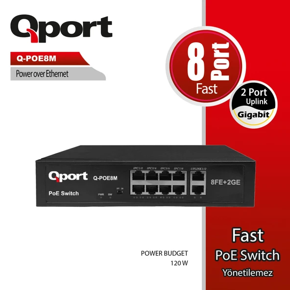 QPORT Q-POE8M 8PORT 10/100 + 2 PORT UPLINK POE SWITCH