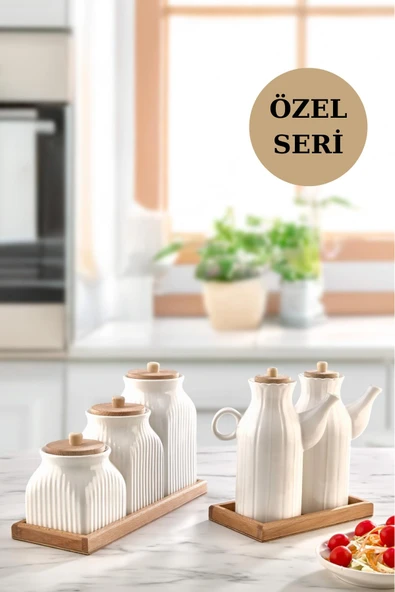 7 Parça Standlı Vakumlu Yağdanlık Ve 3'Lü Çay Şeker Kahve Baharat Seti Ve Türk Kahve Kavanoz Seti