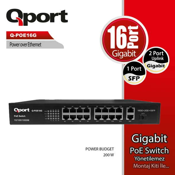 QPORT Q-POE16G 16PORT 10/100/1000 + 2 PORT 10/100/1000 UPLINK POE SWITCH