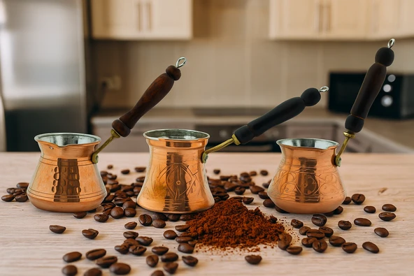 LUDIA Otantik İşlemeli 3 Adet Ahşap Saplı El Yapımı Eskitme Bakır Cezve Set - 6