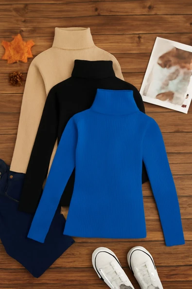 ribac 3'lü Paket Kadın Basic Tam Balıkçı Yaka Kazak ürün görseli